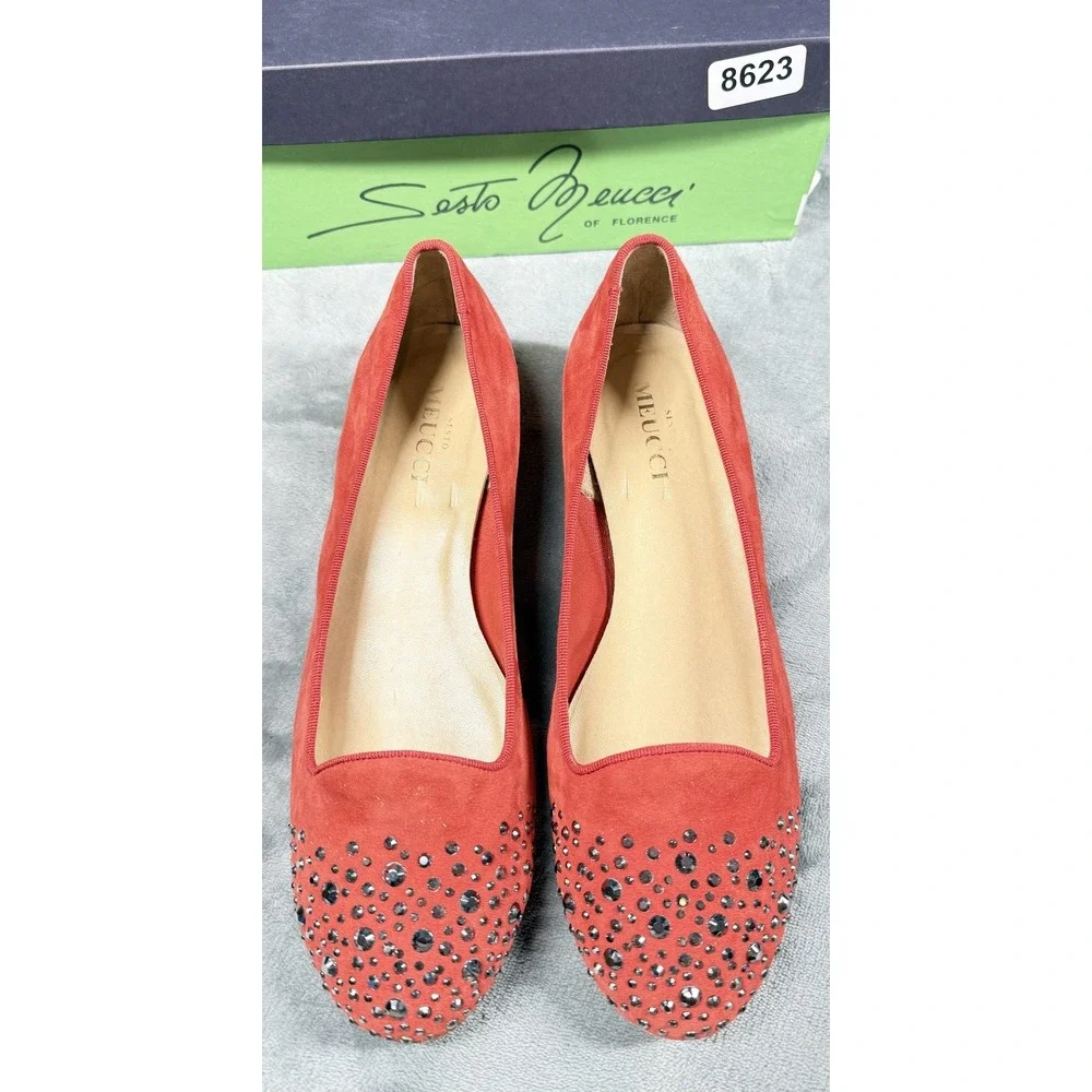 Sesto‎ Meucci Shoes Womens Size 9.5 Red Suede Rhinestone Flats Slip On Italy